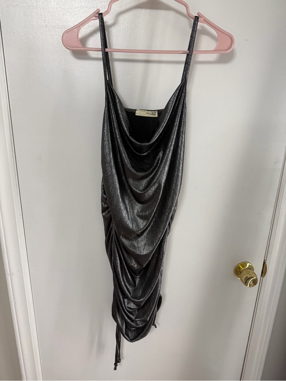 Black Shimmery Cowl Neck Ruched Slip Dress